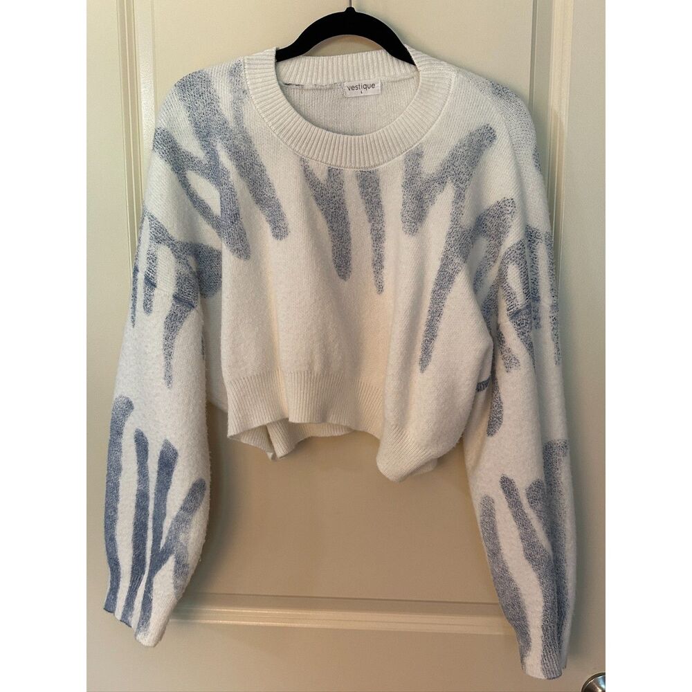 Vestique blue white drip cropped sweater womens sz Large